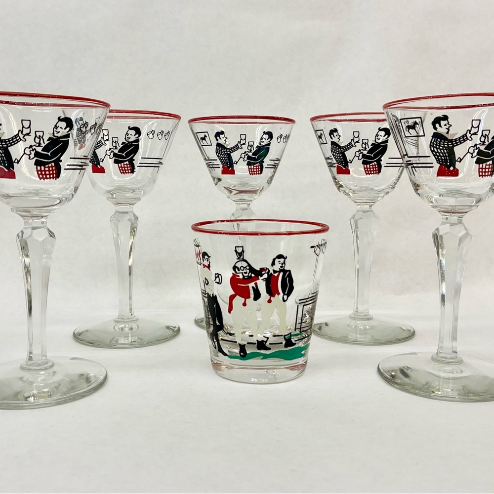 Vintage Pickwick Cocktail Glass Set with Red Accents Equine Theme